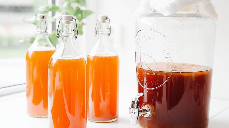 Bottles of kombucha on a white counter