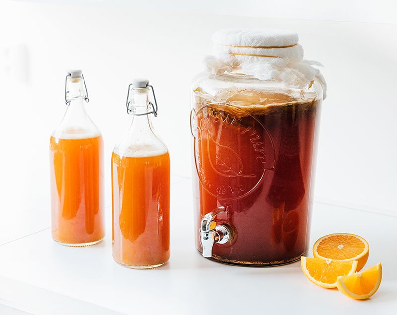 Vanilla orange kombucha in a bottle