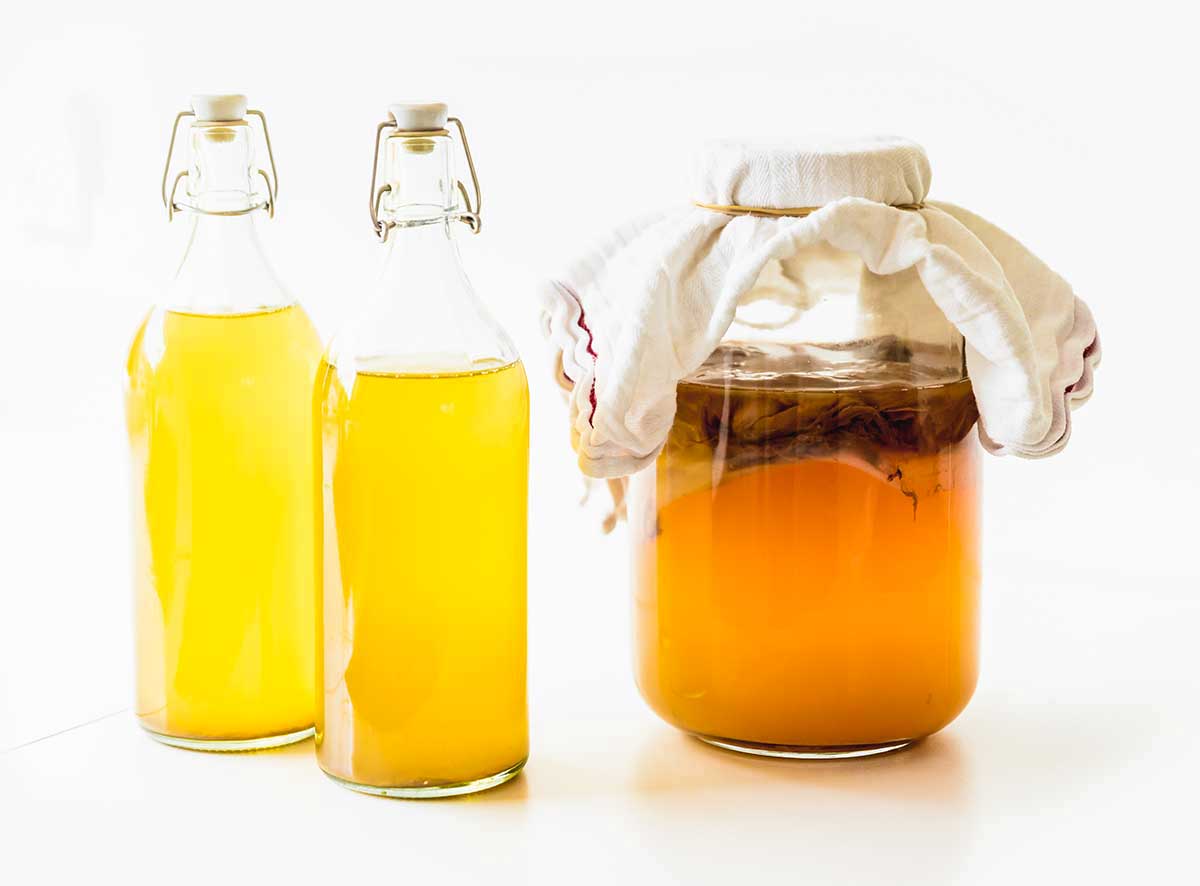 Bottles of green tea kombucha on a white counter