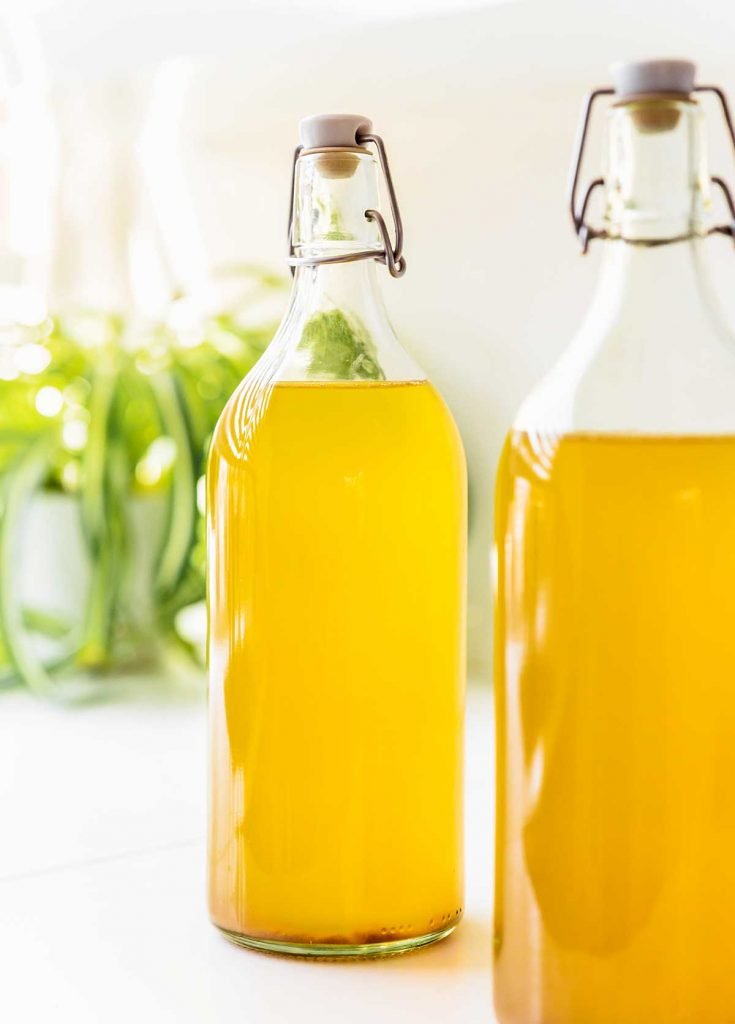 Bottles of green tea kombucha on a white counter with a plant in the background