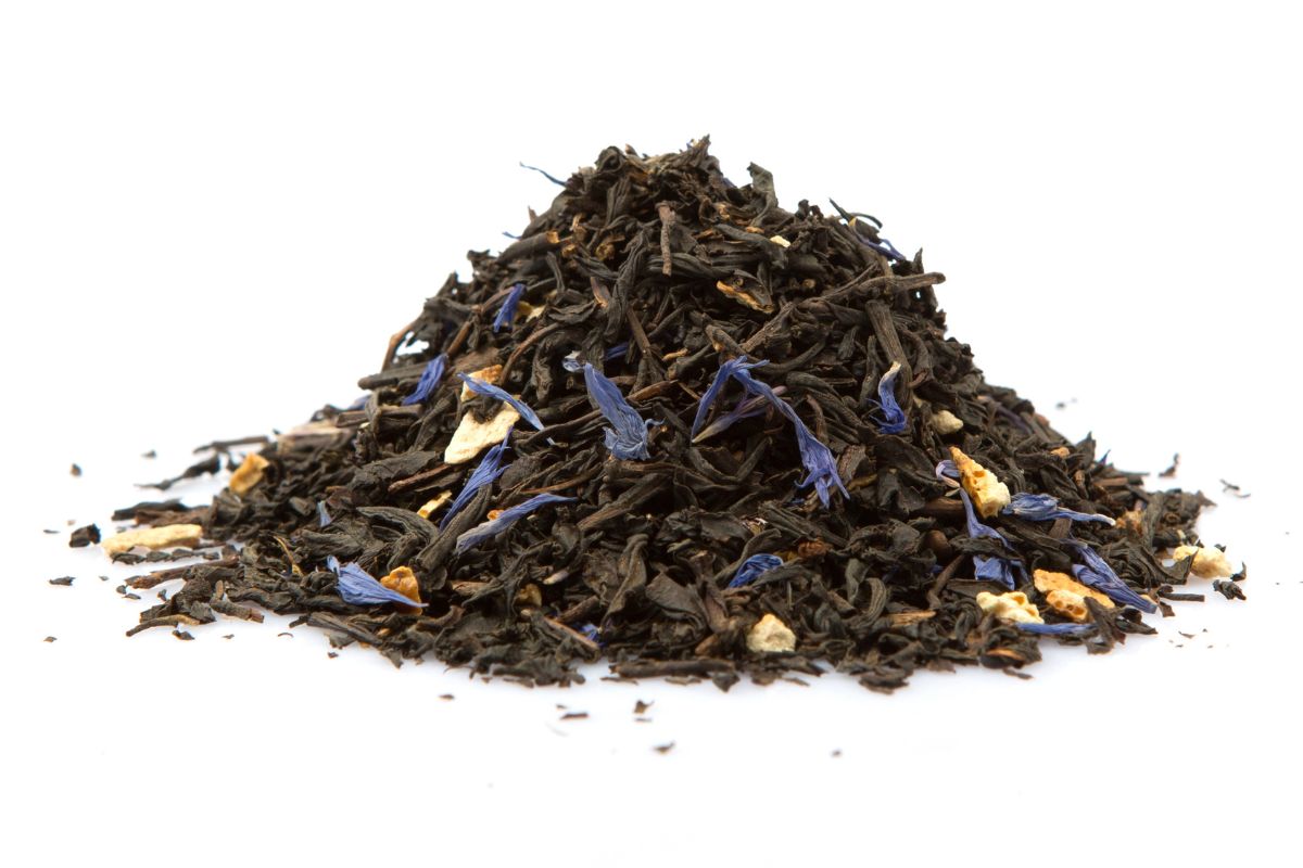 Earl gray tea leaves on a isolated white background.