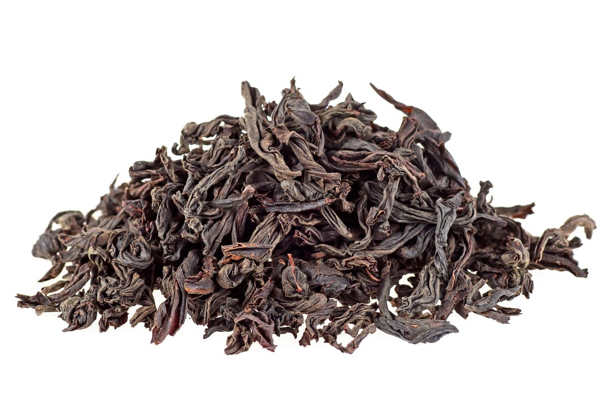 English breakfast tea leaves on an isolated white background.