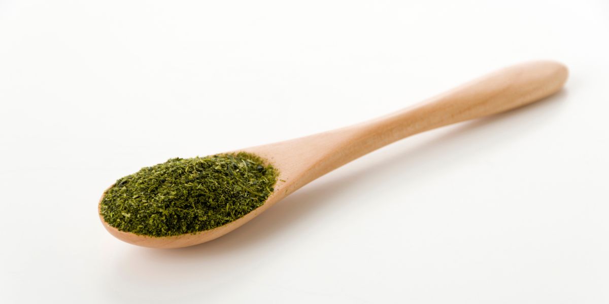 Konacha tea leaves on a wooden spoon on an isolated white background.